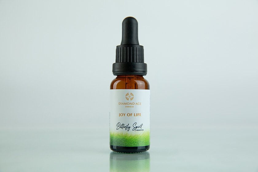 15 ml dropper bottle of butterfly essence called joy of life which helps us release seriousness and sadness and connect with the joy of life.