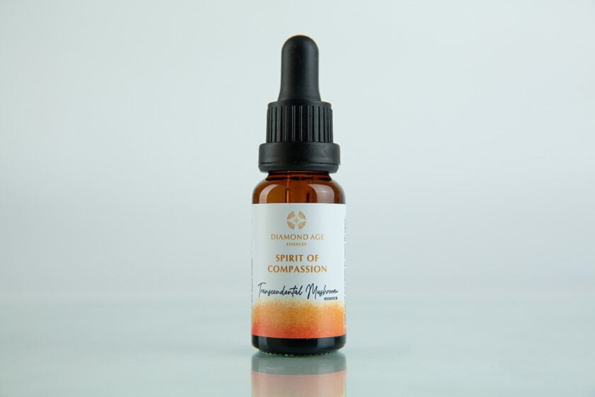 15 ml dropper bottle of mushroom essence called spirit of compassion which helps transform our anger and be protected from the anger of others.